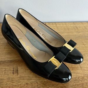 Salvatore Ferragamo Black Patent Heels with Gold Buckle